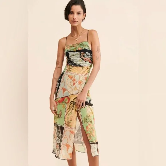 Urban Outfitters Map Print Cowl Neck Slip Midi Dress California Theme M - Picture 2 of 11